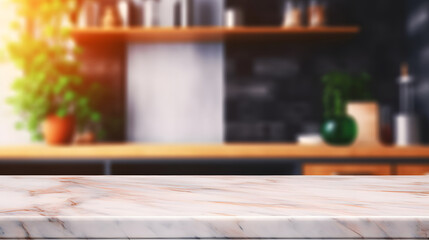 Obraz na płótnie Canvas Empty beautiful wood table top counter and blur bokeh modern kitchen interior background in clean and bright,Banner, Ready for product montage