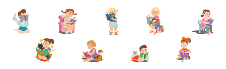 Reading Children with Interesting Book Enjoy Recreation Vector Set