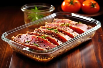 sliced seared tuna steak with sesame seeds on glass dish