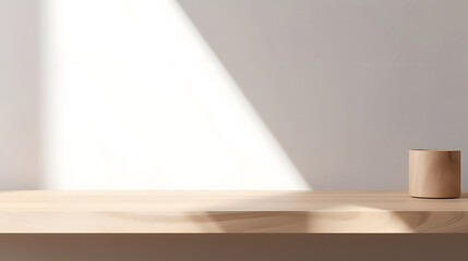 Obraz premium Empty minimal natural wooden table counter podium, beautiful wood grain in sunlight, shadow on white wall for luxury cosmetic, skincare, beauty treatment, decoration product display background 3D
