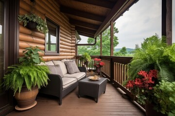 Fototapeta na wymiar balcony of log cabin adorned with plants and furniture