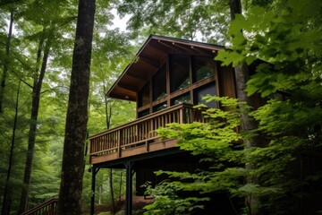 Fototapeta na wymiar cabin with balcony viewed through forest foliage