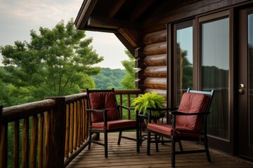 log cabins balcony furnished with rustic chairs