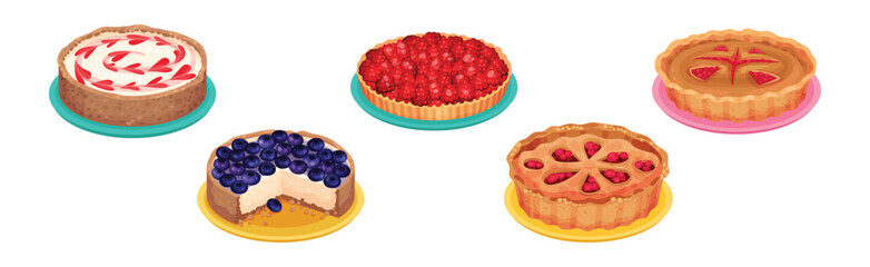 Baked Pie Made from Pastry Dough with Sweet Fruit Filling Vector Set