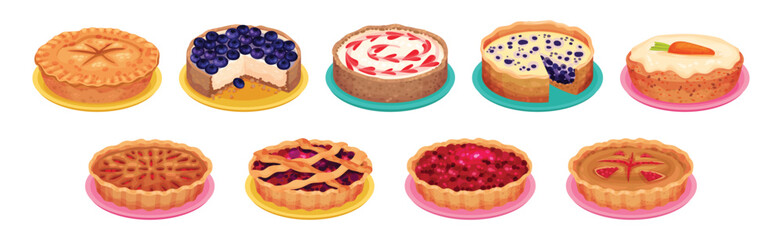 Baked Pie Made from Pastry Dough with Sweet Fruit Filling Vector Set