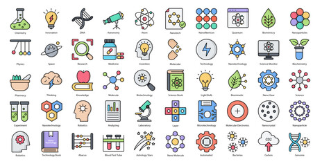 Nanotechnology Colored Line Icons Biochemistry Biotechnology Iconset in Filled Outline Style 50 Vector Icons 