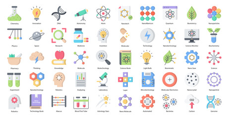 Obraz premium Nanotechnology Flat Icons Biochemistry Biotechnology Iconset 50 Vector Icons