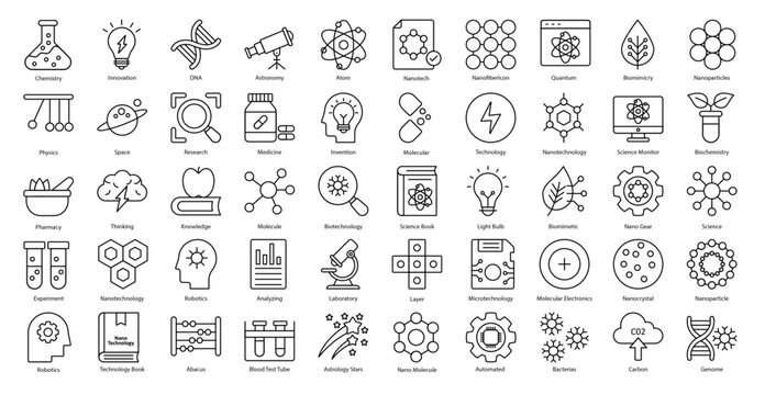 Nanotechnology Thin Line Icons Biochemistry Biotechnology Iconset in Outline Style 50 Vector Icons in Black