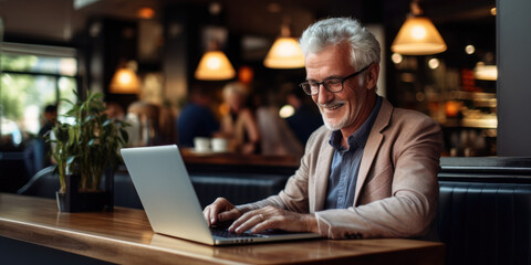 Older grey haired man with grey beard, looking happy using laptop in coffee shop  - obrazy, fototapety, plakaty