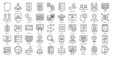 Planning Thin Line Icons Brainstorming Strategy Decision Iconset in Outline Style 50 Vector Icons in Black - obrazy, fototapety, plakaty