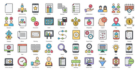 Planning Filled Line Icons Brainstorming Strategy Decision Iconset in Color Outline Style 50 Vector Icons