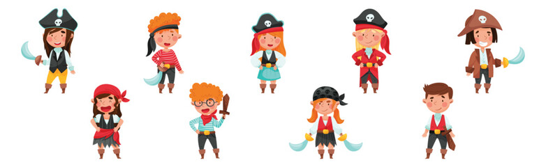 Cheerful Boy and Girl in Pirate Costume with Sword or Saber Vector Set
