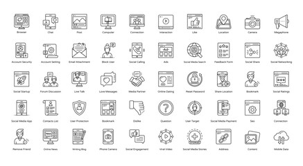 Social Media Thin Line Icons Networking Internet Iconset in Outline Style 50 Vector Icons in Black - obrazy, fototapety, plakaty