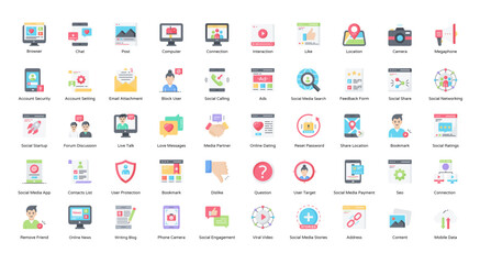 Social Media FlatIcons Networking Internet Iconset in Color Style 50 Vector Icons