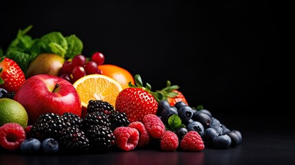  fresh fruits, vegetables and berries on black background, Generative AI.