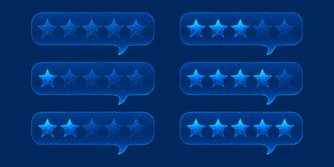 Abstract set of 5-star rating bubbles. Vector customer review concepts. Five Star Feedback. Low poly wireframe vector illustration on technology light blue background. Polygonal geometric style.