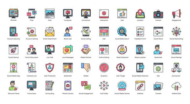 Social Media Colored Line Icons Networking Internet Iconset in Filled Outline Style 50 Vector Icons