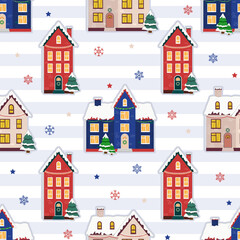 Seamless surface decoration pattern with scandinavian colorful Christmas homes