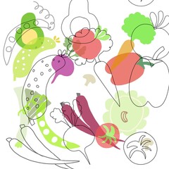  Vegetables pattern, vegetables ink drawn contour, and in flat style