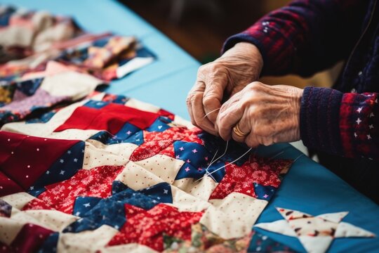 volunteer hands sewing a patchwork quilt for charity