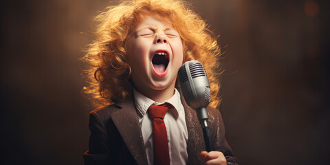 Auburn haired child singing into microphone