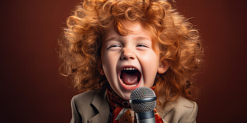 Auburn haired child singing into microphone