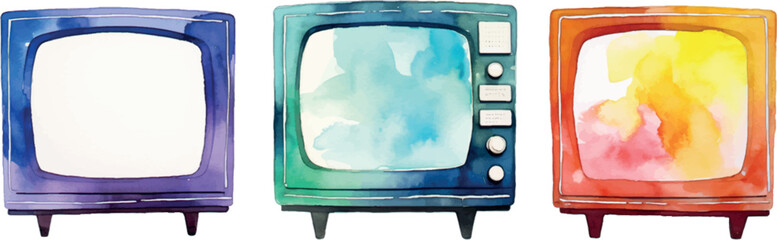 set watercolor illustration of retro tv