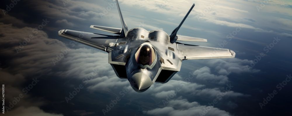 Canvas Prints aerial high view of a military fighter jet crosses over a sky clouds during a special maneuvers, as 