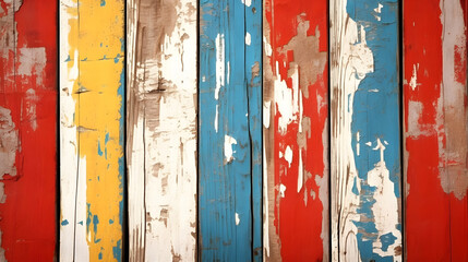 Texture of vintage wood boards with cracked paint of white, red, yellow and blue color. Horizontal retro background with wooden planks of different colors, Surface of the old brown wood texture. 