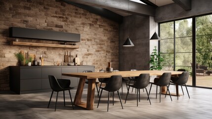 large kitchen room with modern interior design with wood table and chairs for home against the background classic wall style, Generative AI