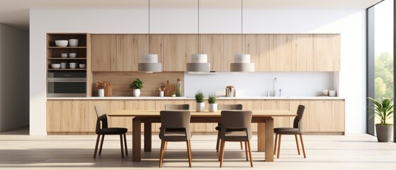 large kitchen room with modern interior design with wood table and chairs for home against the background white wall style, Generative AI