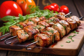 marinated pork kebabs on board with herbs around