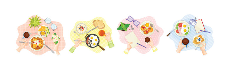 Hands and Breakfast Table Above View with Meal on Plate Vector Set
