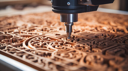 A close-up of a CNC machine carving out precise patterns in wood. Traditional pattern wood carving with machine.
