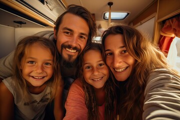 Happy family inside caravan looking at camera. Generative AI.