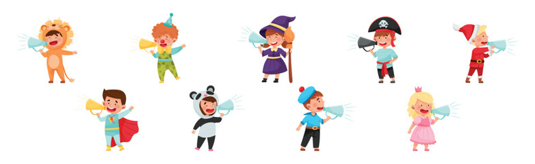 Kid Characters Wearing Fancy Dress or Costume Talking Megaphone or Loudspeaker Vector Set