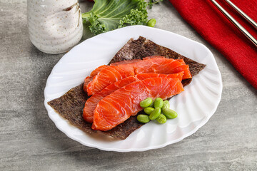 Sliced salmon sashimi in the plate