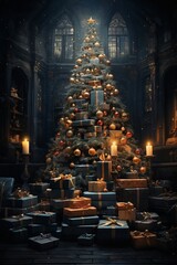 Christmas tree in hall of old castle, decorated with garlands and lights, a lot of gifts, dark night