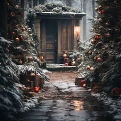 Fototapeta premium exteriors of the house are decorated for Christmas or New Year's holiday, city street in winter, snow, gifts on the porch, and street lights, a fairy-tale environment