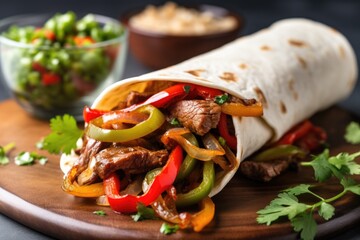 beef fajitas with onions and bell peppers in a tortilla - obrazy, fototapety, plakaty