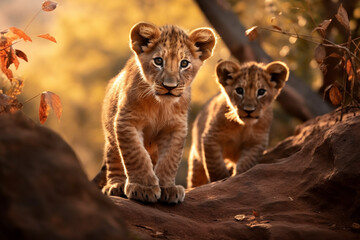 lioness and cubs, baby lions in nature