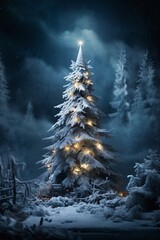 Christmas tree in a winter forest, decorated with garlands and lights, snow covered, beautiful nature at sunset