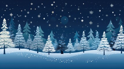Fototapeta premium Night dark Forest winter landscape with fir trees on starry sky background. Moody botanical atmosphere illustration. Dreamy wallpaper for Christmas or New Year greetings.