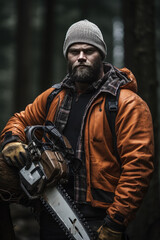 Fototapeta premium Lumberjack standing in forest