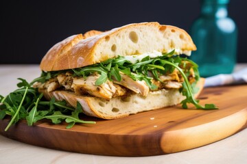 rotisserie chicken sandwich with aioli and arugula on ciabatta