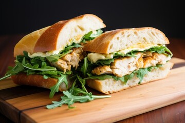 rotisserie chicken sandwich with aioli and arugula on ciabatta