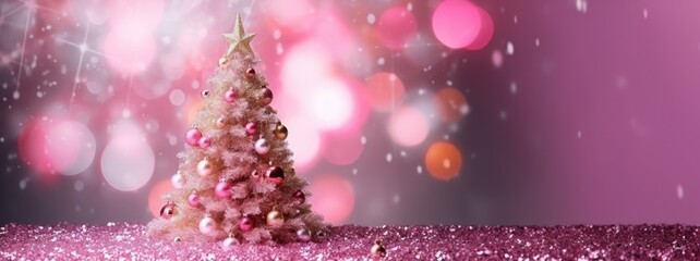 Fototapeta na wymiar Pinkmas concept. Pink Christmas tree branches decorated with ornaments in pink color. Merry Xmas, Happy New Year 2024 in trendy colors. Vibrant colorful background for cards, invitations, greetings.