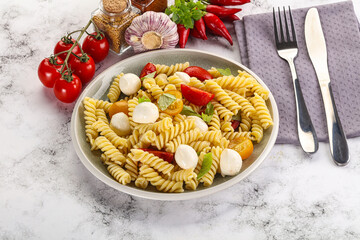Italian pasta with mozzarella and tomato