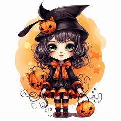 illustration of vector illustration cute halloween little girl big, Generative ai
