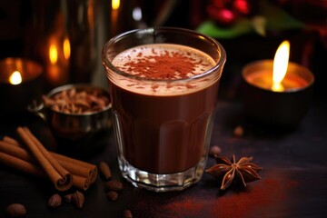glass filled with spiced hot chocolate amongst festival candles